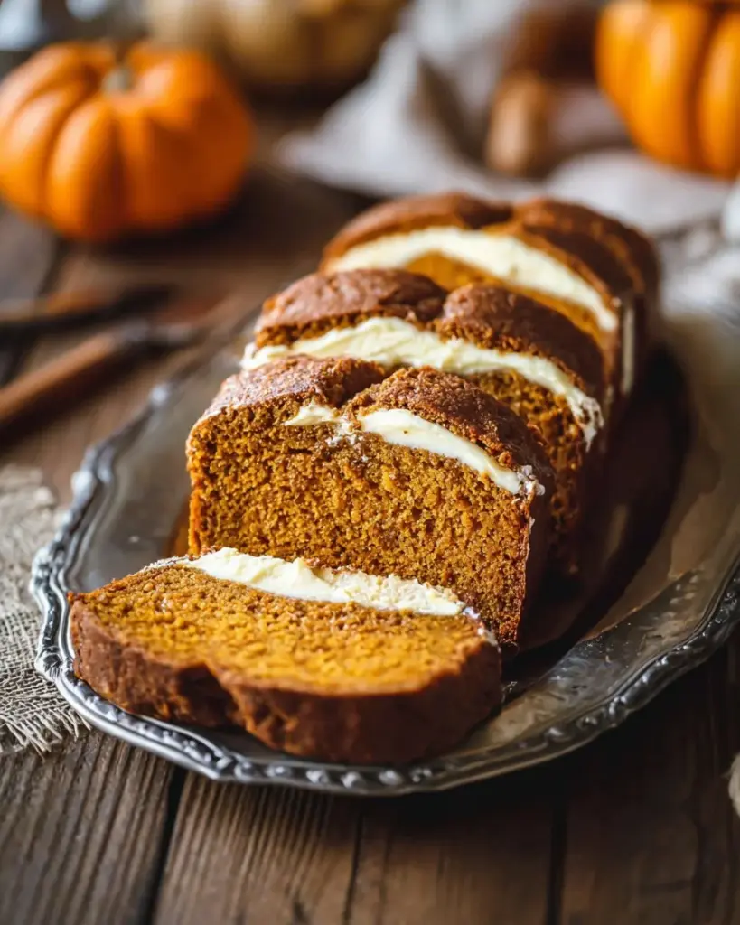 Cream Cheese Filled Pumpkin Bread with fall spices and a creamy center