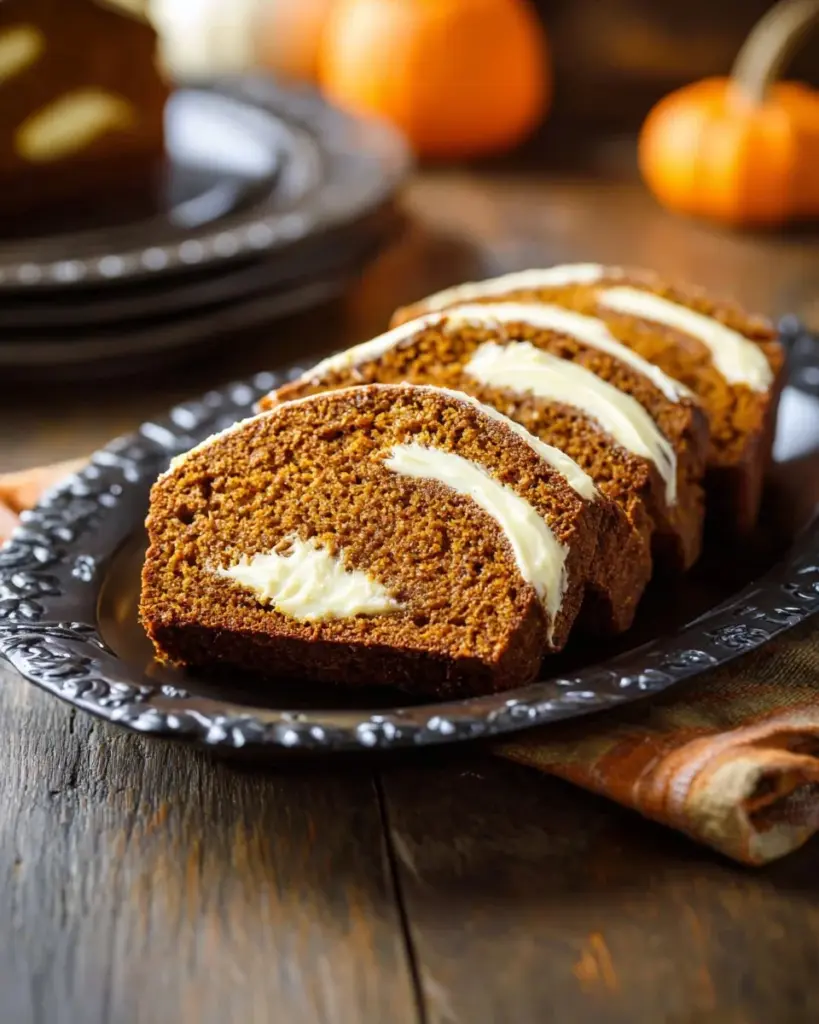 Sliced cream cheese filled pumpkin bread on a wooden cutting board