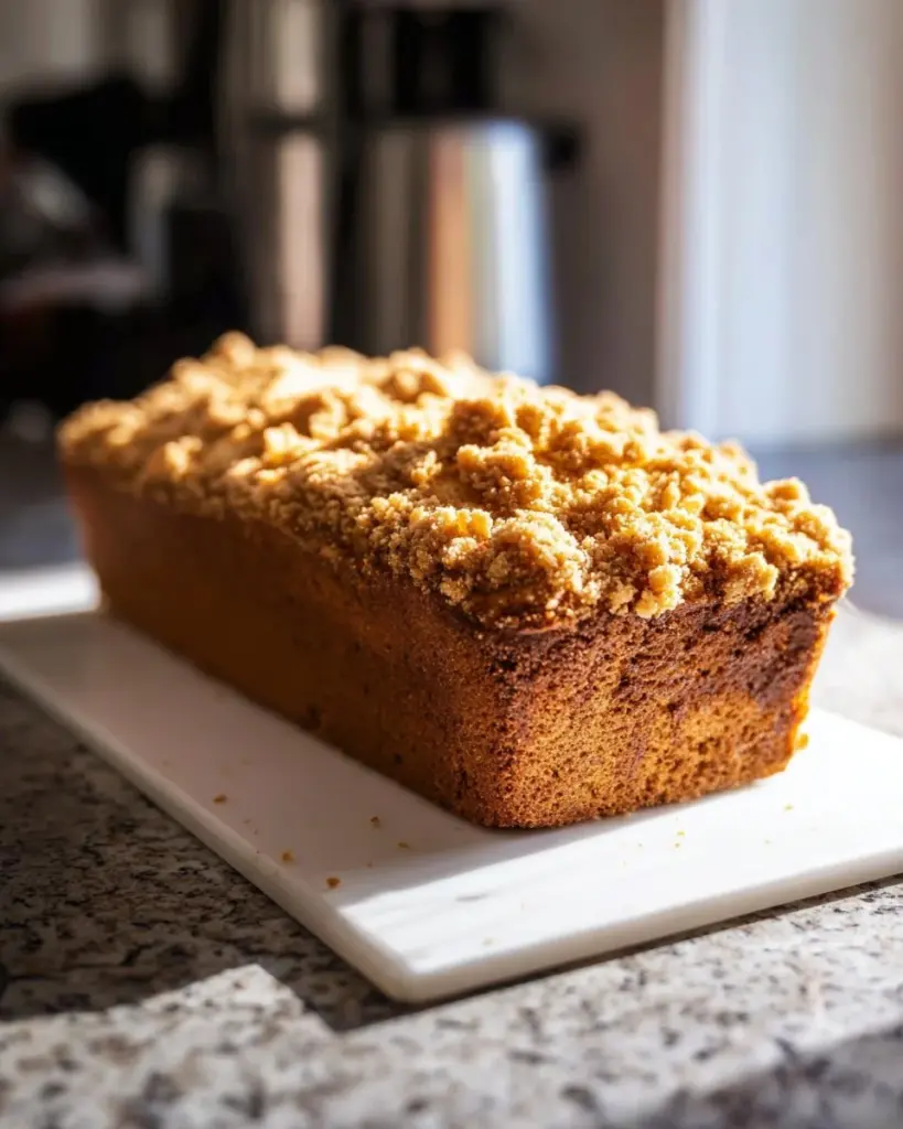 Delicious easy pumpkin bread with crumb topping served on a wooden table