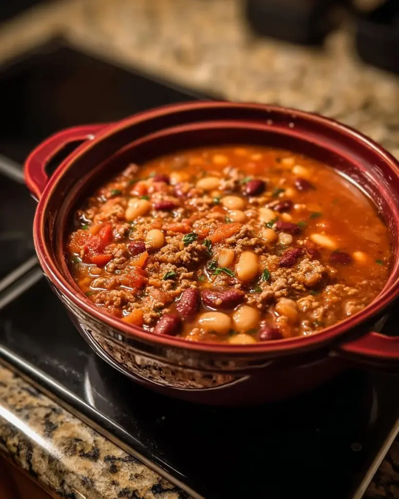 Bowl of ground lamb vegetable soup with fresh vegetables