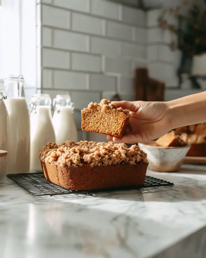 Slice of pumpkin bread topped with delicious maple glaze