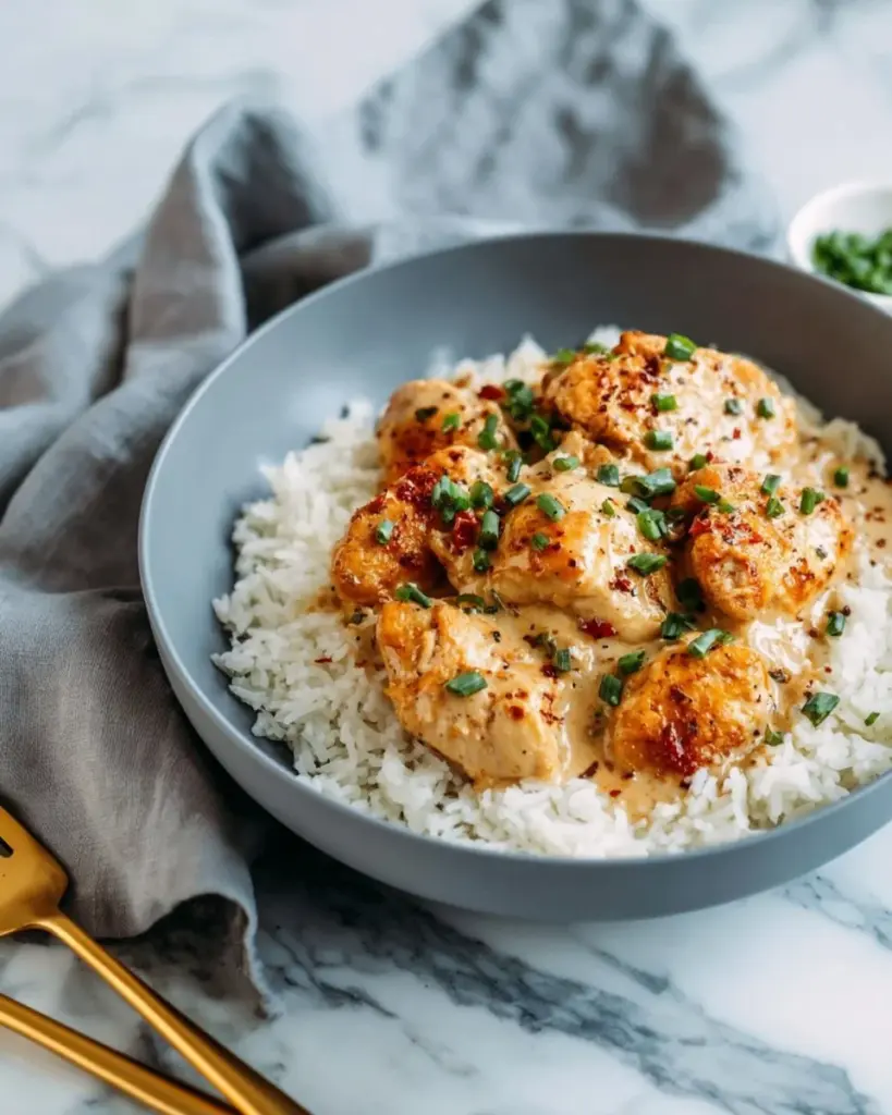Homemade smothered chicken served with savory gravy and sides.