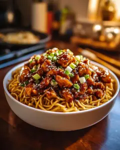 Delicious plate of Chicken Teriyaki Noodles with vegetables and sauce