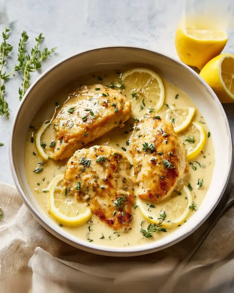 Creamy lemon chicken dish garnished with fresh herbs and lemon slices