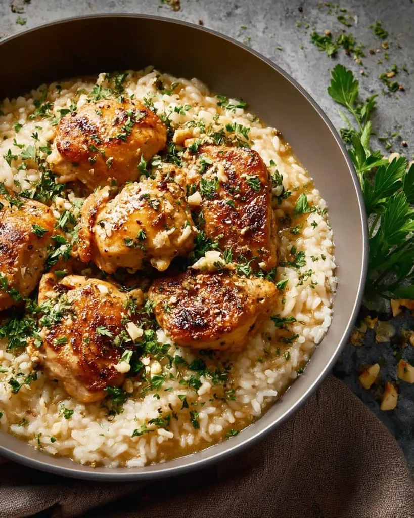 One-Pan Creamy Parmesan Chicken and Rice dish garnished with herbs